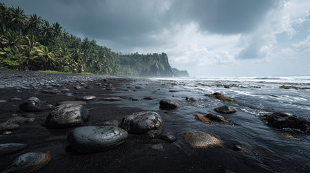 A photograph of Pacific volcanic islands 176 with volcanic island horizon, black sand grains, wet...