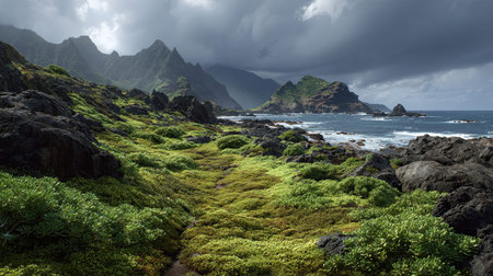 A photograph of Pacific volcanic islands 112 with island volcanic slopes, coastal ground plants,...