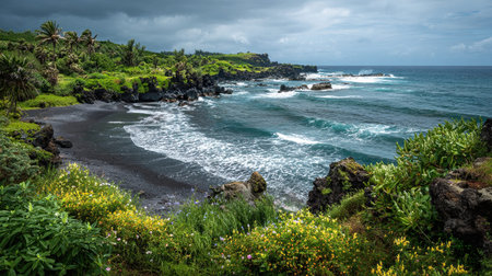 A photograph of Pacific volcanic islands 15 with black sand volcanic beach, tropical shrubs, storm season, ultra realistic landscape photography, wide angle lens, natural colors, clean composition, no peopleの写真素材