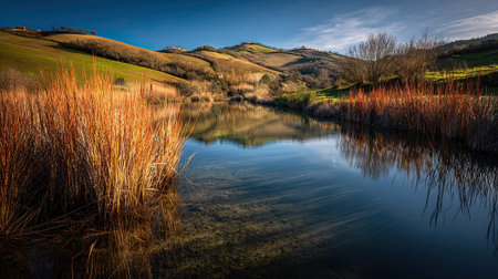 A photograph of Italy with tuscany rolling hills, water plants, italian winter, ultra realistic...