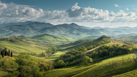 A photograph of Italy with tuscany countryside valley, coastal vines, italian spring, ultra...