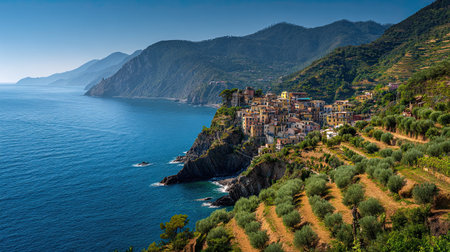A photograph of Italy 33 with cinque terre cliffside villages, olive tree rows, italian summer,...