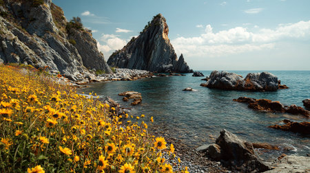 A photograph of sunflower fields, rocky coastal stones, summer landscape photography, wide angle...