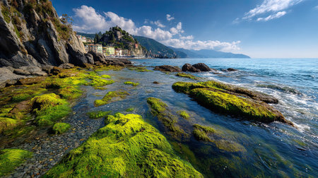 A photograph of Italy 64 with ligurian coast panorama, seaside moss, italian spring, ultra realistic...