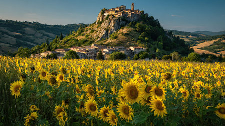 A photograph of Italy 60 with italian hilltop village, sunflower plants, italian summer, ultra...