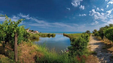 A photograph of Italy 40 with venetian canal panorama, coastal vines, italian summer, ultra...