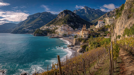 A photograph of Italy with amalfi cliff panorama, grapevine vineyards, ultra realistic landscape...