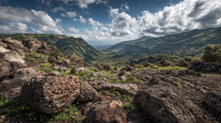 A photograph of Italy 6 with sicilian valley panorama, lava rock fragments, italian spring, ultra...