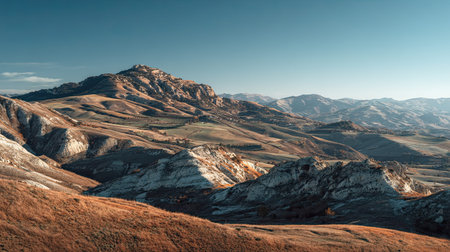 A photograph of Italy 27 with sicilian volcanic hills, rocky limestone formations, italian winter,...