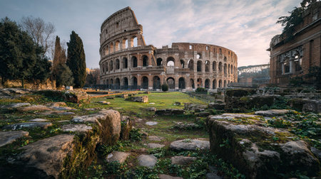 A photograph of the rome colosseum surroundings, moss patches, italian winter, ultra realistic...