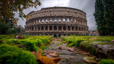 A photograph of the Rome Colosseum surroundings, moss, Italian autumn, ultra realistic landscape...