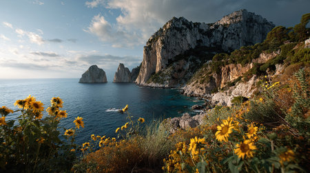 A photograph of Italy 25 with capri island cliffs, sunflower plants, italian autumn, ultra realistic...