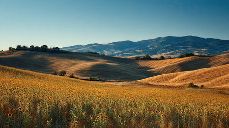 A photograph of tuscany rolling hills, sunflower plants, italian autumn, ultra realistic landscape...