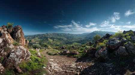 A photograph of Italy 6 with sicilian valley panorama, lava rock fragments, italian spring, ultra...