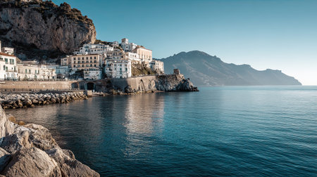A photograph of Italy 72 with amalfi cliff panorama, rocky limestone formations, italian winter, ultra realistic landscape photography, wide angle lens, natural colors, clean composition, no people