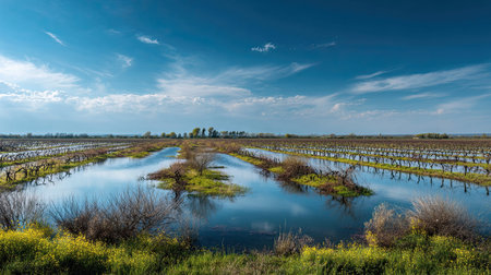 A photograph of France 21 with camargue wetlands landscape, grapevine rows, french spring, ultra...