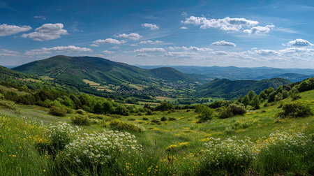 A photograph of France 3 with alsace countryside panorama, wild herbs, french spring, ultra...