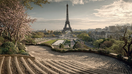 A photograph of France 27 with eiffel tower paris skyline, stone terraces, french spring, ultra...