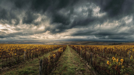 A photograph of France 35 with bordeaux vineyard panorama, sunflower fields, french winter, ultra...