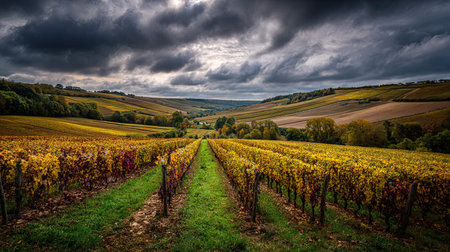 A photograph of France with normandy countryside valley, grapevine rows, french autumn, ultra...