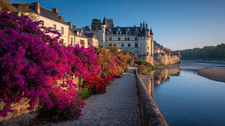 A photograph of France 89 with loire valley castles, bougainvillea flowers, french autumn, ultra...
