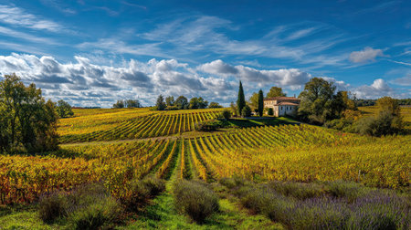 A photograph of France 6 with bordeaux vineyard panorama, lavender bushes, french autumn, ultra...