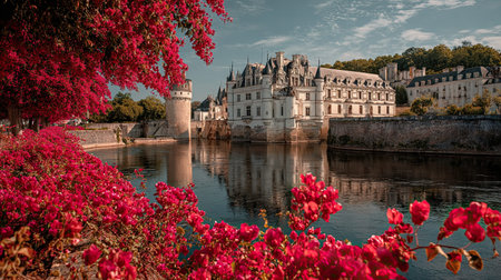 A photograph of France 89 with loire valley castles, bougainvillea flowers, french autumn, ultra...