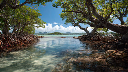 A photograph of Caribbean tropical islands 109 with coastal island basin, mangrove roots, hurricane...
