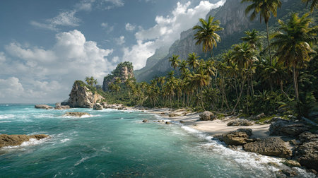 A photograph of Caribbean tropical islands 105 with caribbean island cliffs, coconut palm trees,...