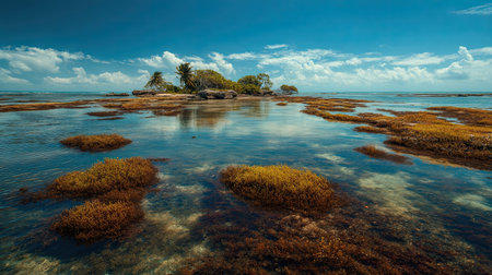 A photograph of Caribbean tropical islands 102 with lagoon island basin, seaweed clusters, dry...