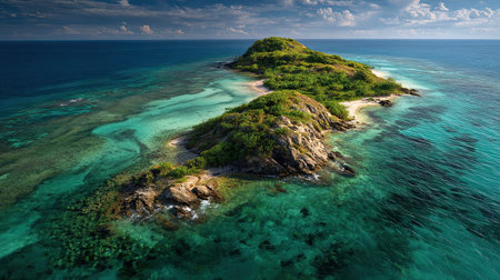 A photograph of Caribbean tropical islands 142 with island coastal ridge, coral reef shallows, dry...