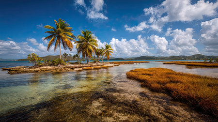 A photograph of Caribbean tropical islands 117 with palm beach landscape, seagrass beds, dry season, ultra realistic landscape photography, wide angle lens, natural colors, clean composition, no peopleの写真素材
