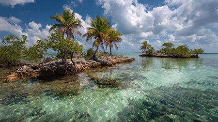 A photograph of Caribbean tropical islands 138 with island reef coastline, mangrove trees, dry...