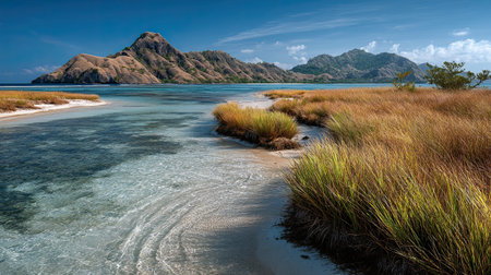 A photograph of tropical islands with tropical lagoon coast, tropical sea grasses, dry season, ultra...