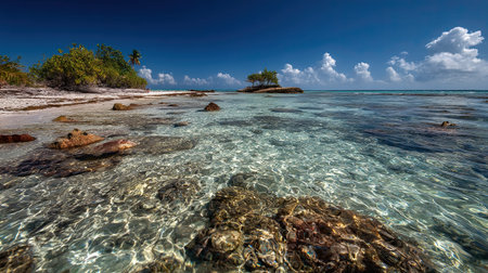 A photograph of Caribbean tropical islands 131 with white sand island beach, coral reef shallows,...