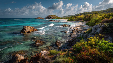 A photograph of Caribbean tropical islands with caribbean coral island coast, coastal shrubs, ultra...