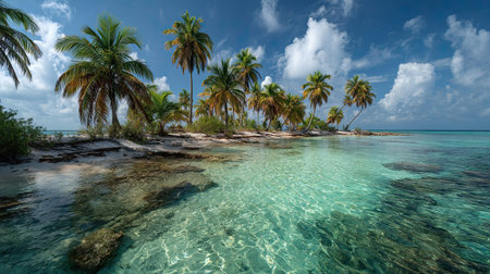A photograph of Caribbean tropical islands 151 with island lagoon panorama, tropical palm groves,...