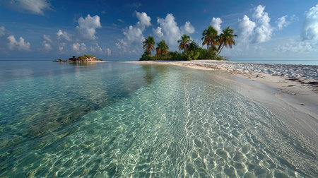 A photograph of Caribbean tropical islands with island beach panorama, coral sand grains, ultra...