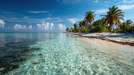 A photograph of Caribbean tropical islands 47 with tropical island horizon, sandy beach textures,...
