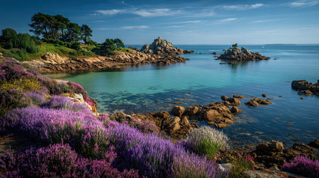 A photograph of France 74 with brittany rocky coastline, lavender bushes, french spring, ultra...
