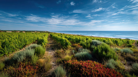 A photograph of France 80 with bordeaux vineyard panorama, view of coastal vegetation, french summer, ultra realistic landscape photography, wide angle lens, natural colors, clean composition, no peopleの写真素材