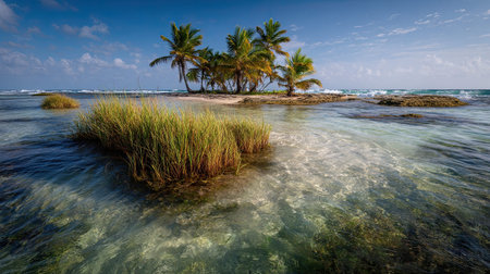 A photograph of Caribbean tropical islands 53 with tropical island bay, tropical sea grasses, trade...