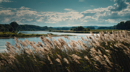 A photograph of France 7 with loire river valley landscape, reed grasses, french summer, ultra...