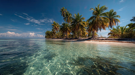 A photograph of Caribbean tropical islands 95 with tropical island horizon, tropical palm groves,...