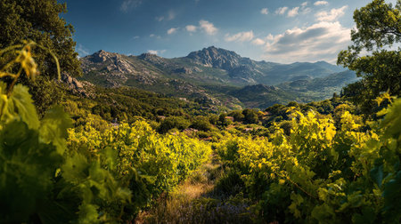 A photograph of France with corsica island horizon, grape leaves, french spring, ultra realistic...