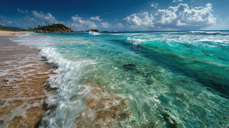 A photograph of Caribbean tropical islands 6 with caribbean beach horizon, wave foam, dry season,...