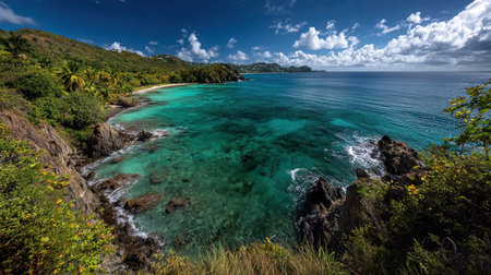 A photograph of Caribbean tropical islands 80 with caribbean coral island coast, coastal vines, wet season, ultra realistic landscape photography, wide angle lens, natural colors, clean composition, no peopleの写真素材