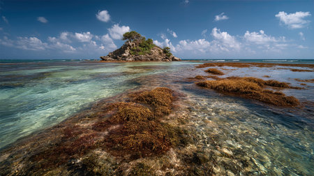 A photograph of Caribbean tropical islands 102 with lagoon island basin, seaweed clusters, dry season, ultra realistic landscape photography, wide angle lens, natural colors, clean composition, no peopleの写真素材