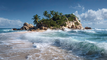 A photograph of Caribbean tropical islands 17 with tropical island wilderness, wave foam, trade wind...