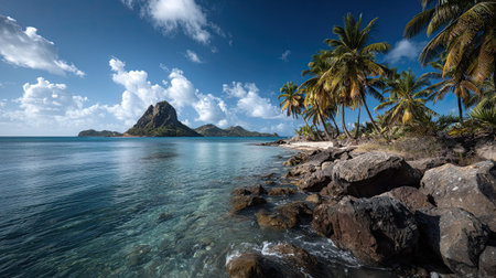 A photograph of Caribbean tropical islands 165 with tropical island peninsula, coconut palm trees,...